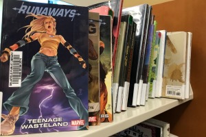 Graphic novels on a shelf