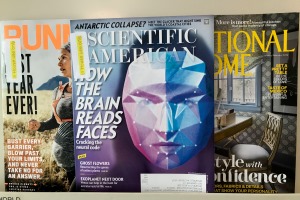 Magazines on a shelf
